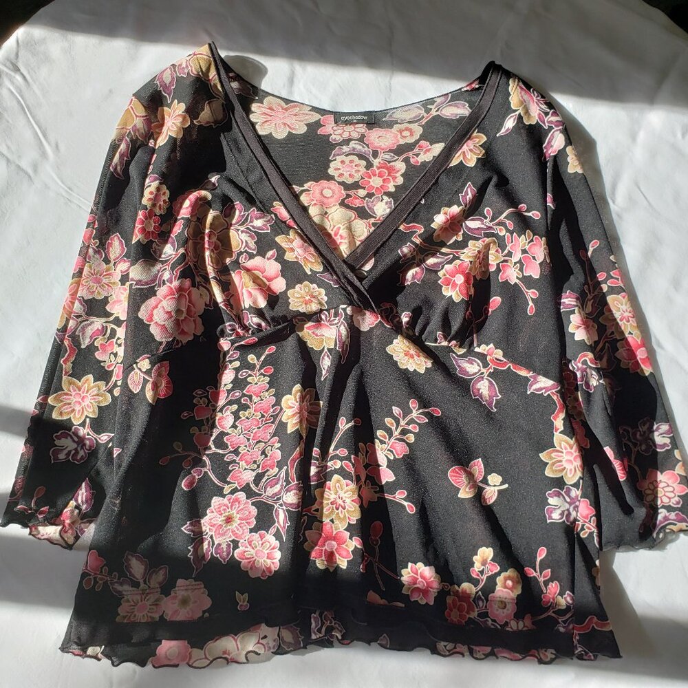 Y2K V Neck mesh 3/4 sleeve babydoll Top Dark Floral Print 3X